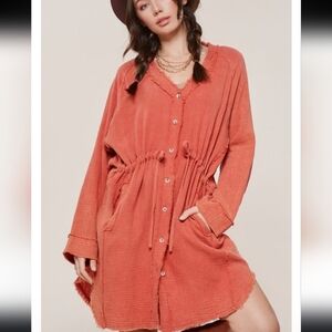 La Miel Burnt Orange Gauze Shirt Jacket Boutique Tunic Draw String Comfort Dress